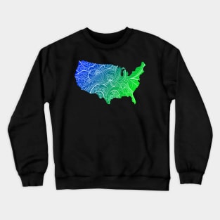 Colorful mandala art map of the United States of America in blue and green Crewneck Sweatshirt